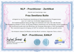 NLP Practioner Zertifikat 2022 Swetlana Butte